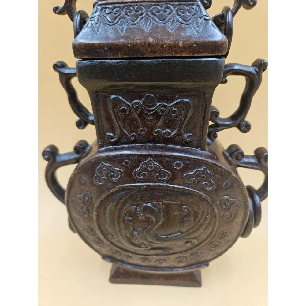 Hand Carved Chinese Jade Imperial Vase Incense Holder Floral Motif Lid Rings